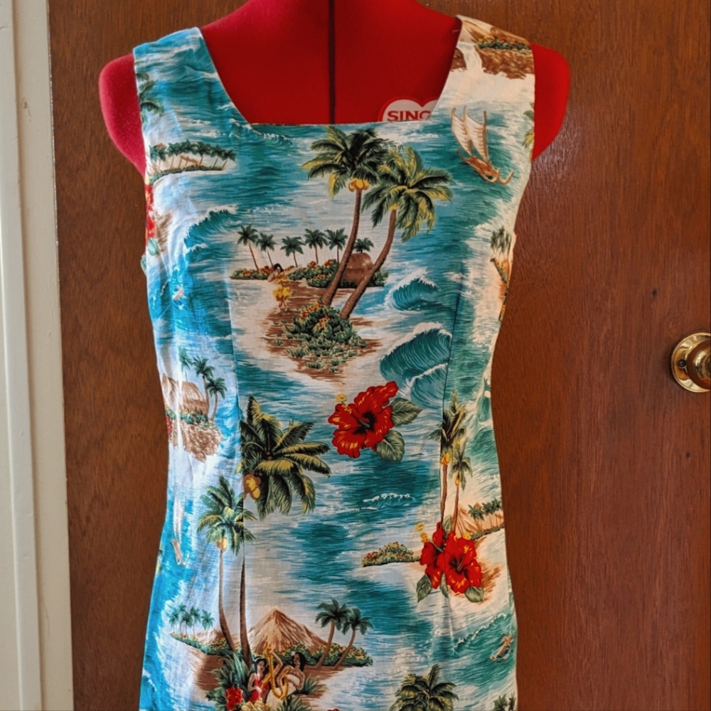 80s / 90s Teal Hawaiian Sleeveless Mini Dress by Shannon Marie